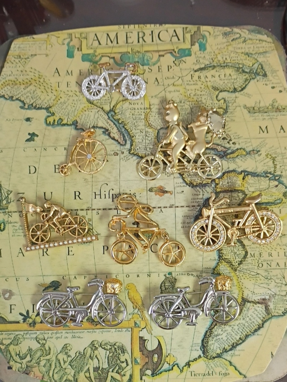 ❤️Lot 8 GOLD and SILVER Bicycle Brooch Pins Dangle / Pearls Crystals / Cats